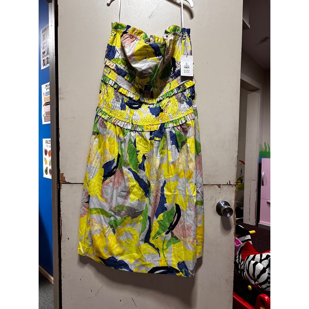 Free Assembly Strapless Smocked Midi Dress XXL 20 Tennis Ball Green Floral